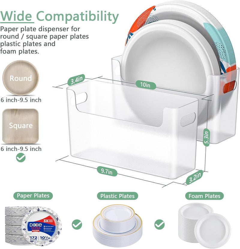 TOWARDFUN Store 2Pcs Paper Plate Dispenser for 6-9.5 Inch Disposable Plates, Space-Saving Plastic, Foam and Paper Plate Storage Organizer for Cabinet, Countertop, RV or Outdoor (Transparent) - Image 3